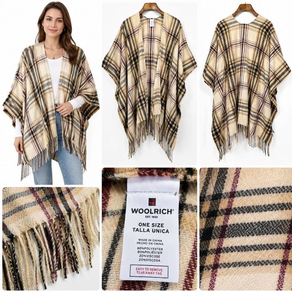Woolrich Plaid Fringe Ruana Poncho Wrap One Size